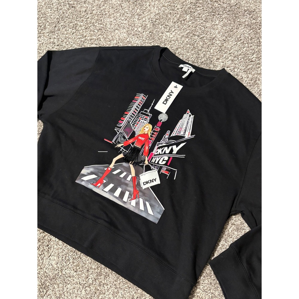 DKNY Sport Womens Black NYC Graphic Sweatshirt 3D Fringe Detail Large NEW